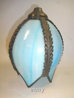 Vintage Stained Glass Blue Slag Five Tulip Light Shade 8-3/4 Tall x 6-1/2