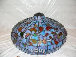 Vintage Stained Glass Faux Tiffany Lamp Shade Leaded Large 17.5 Blue Red Leaf