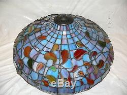 Vintage Stained Glass Faux Tiffany Lamp Shade Leaded Large 17.5 Blue Red Leaf