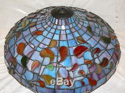 Vintage Stained Glass Faux Tiffany Lamp Shade Leaded Large 17.5 Blue Red Leaf