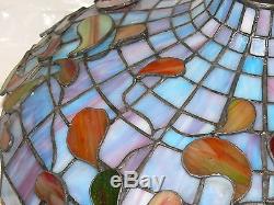 Vintage Stained Glass Faux Tiffany Lamp Shade Leaded Large 17.5 Blue Red Leaf