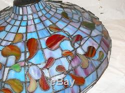 Vintage Stained Glass Faux Tiffany Lamp Shade Leaded Large 17.5 Blue Red Leaf