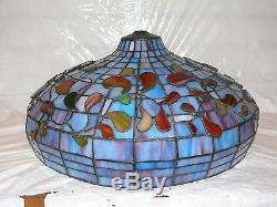 Vintage Stained Glass Faux Tiffany Lamp Shade Leaded Large 17.5 Blue Red Leaf