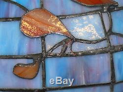 Vintage Stained Glass Faux Tiffany Lamp Shade Leaded Large 17.5 Blue Red Leaf