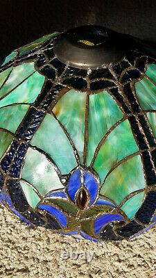 Vintage Stained Glass Shade Medium Sized Blues Clears Reds Very Good Condition