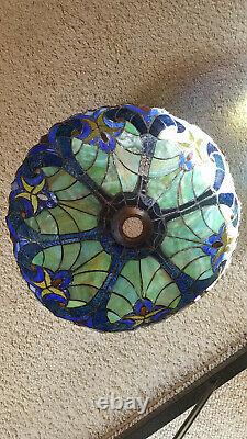 Vintage Stained Glass Shade Medium Sized Blues Clears Reds Very Good Condition