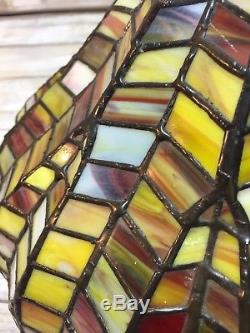 Vintage Stained Glass Tiffany Style Lamp Shade Geometric Red Amber Fall 10.5