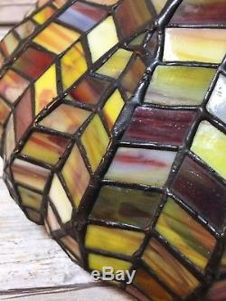 Vintage Stained Glass Tiffany Style Lamp Shade Geometric Red Amber Fall 10.5