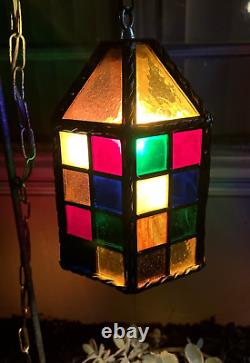 Vintage Stained Slag Glass Hanging Pendant Lamp Lantern Colorful