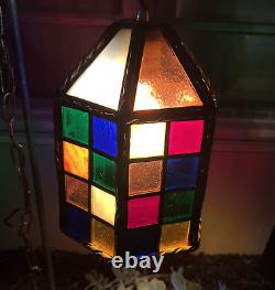 Vintage Stained Slag Glass Hanging Pendant Lamp Lantern Colorful