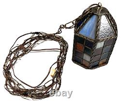 Vintage Stained Slag Glass Hanging Pendant Lamp Lantern Colorful