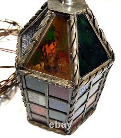 Vintage Stained Slag Glass Hanging Pendant Lamp Lantern Colorful