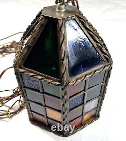 Vintage Stained Slag Glass Hanging Pendant Lamp Lantern Colorful