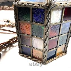 Vintage Stained Slag Glass Hanging Pendant Lamp Lantern Colorful