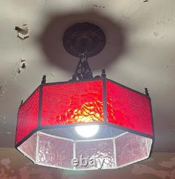 Vintage Stained Slag Glass Pendant Light Fixture Ruby Red Hexagon