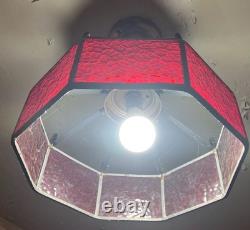 Vintage Stained Slag Glass Pendant Light Fixture Ruby Red Hexagon