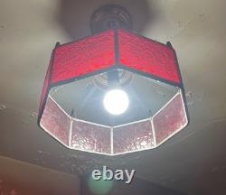 Vintage Stained Slag Glass Pendant Light Fixture Ruby Red Hexagon