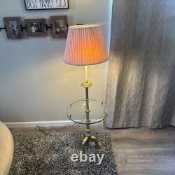Vintage Stiffel Brass Floor Lamp w Round Glass Tray Table Gallery Pleated Shade