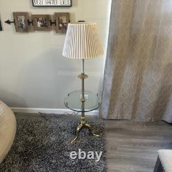 Vintage Stiffel Brass Floor Lamp w Round Glass Tray Table Gallery Pleated Shade