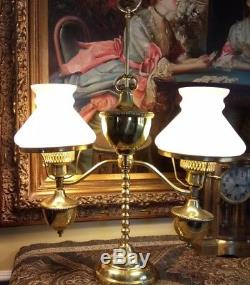 Vintage Student Library Lamp Polished Brass Double Shades Electrified Vintage