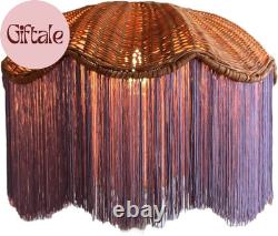 Vintage Style Lamp Shade with Handmade Woven Rattan Top, Fringe Trim, Traditiona