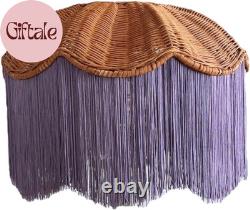 Vintage Style Lamp Shade with Handmade Woven Rattan Top, Fringe Trim, Traditiona