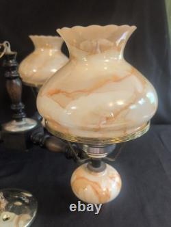 Vintage Swirled Amber Slag Glass Hurricane Chandelier 3 Arm