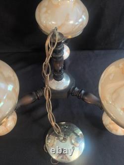 Vintage Swirled Amber Slag Glass Hurricane Chandelier 3 Arm