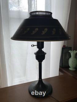 Vintage TOLE 20 Black & Gold Metal Table Desk LAMP Shade & Glass Diffuser