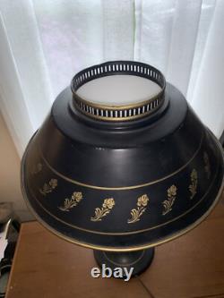 Vintage TOLE 20 Black & Gold Metal Table Desk LAMP Shade & Glass Diffuser