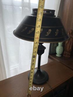 Vintage TOLE 20 Black & Gold Metal Table Desk LAMP Shade & Glass Diffuser
