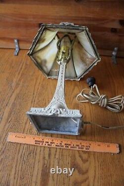 Vintage Table Lamp Curved Caramel Slag glass Shade Spelter bronze Art Nouveau