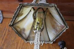 Vintage Table Lamp Curved Caramel Slag glass Shade Spelter bronze Art Nouveau