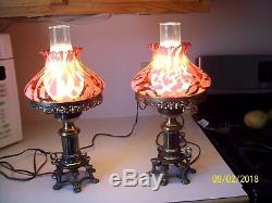 Vintage Table Lamps Set Brass Electric Hurricane Red Splatter Glass Shades