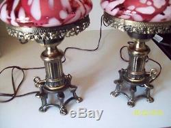 Vintage Table Lamps Set Brass Electric Hurricane Red Splatter Glass Shades