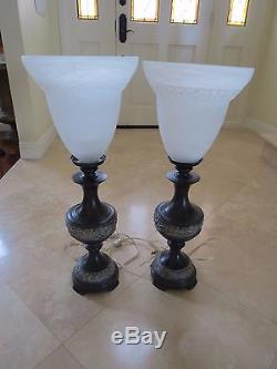 Vintage Tall Pair of Bronze Lamps with Murano Glass Shades Lighting ELEGANT