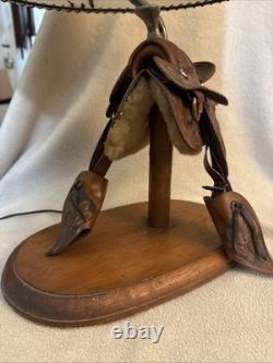 Vintage Tandy Leather RANCHO Saddle Lamp withCattle Round Up Plastic Lamp Shade