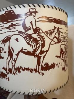 Vintage Tandy Leather RANCHO Saddle Lamp withCattle Round Up Plastic Lamp Shade