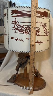 Vintage Tandy Leather RANCHO Saddle Lamp withCattle Round Up Plastic Lamp Shade