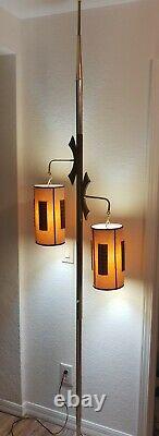 Vintage Tension Pole Floor Lamp 2 original shades Mid Century 8' 5