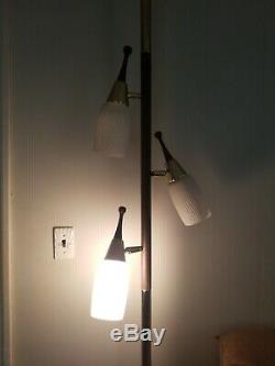 Vintage Tension Pole Floor Lamp Brass & Wood Works 3 Way Lights Glass Shades MCM