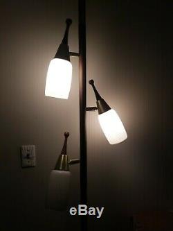 Vintage Tension Pole Floor Lamp Brass & Wood Works 3 Way Lights Glass Shades MCM