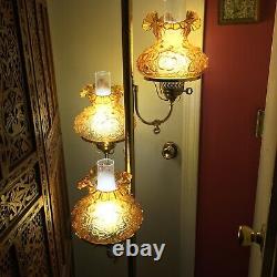 Vintage Tension Pole Lamp With Three Fenton Ruffled Poppy Amber Glass Shades