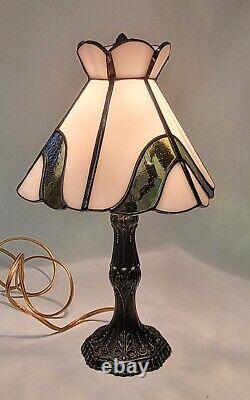 Vintage Tiffa-Mini Tiffany Lamp Base Stained Glass Shade, 12 Pink/Green #9583