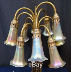 Vintage Tiffany Studios Ten Light Lily Lamp with Ten Contemporary Art Glass Shades