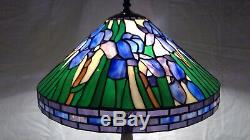 Vintage Tiffany-Style 16D Iris Stained Glass Shade on Detailed Metal Base Lamp