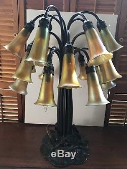 Vintage Tiffany Style 18 Light Pond Lily Lamp with Favrile Gold Glass Shades