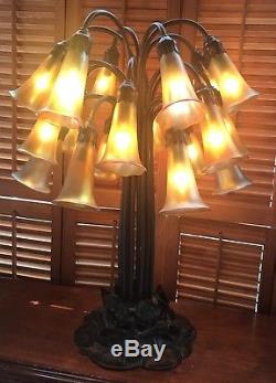 Vintage Tiffany Style 18 Light Pond Lily Lamp with Favrile Gold Glass Shades