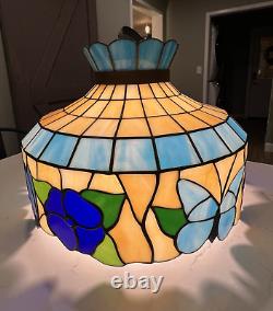 Vintage Tiffany Style Ceiling Lamp Blue Tan Green Butterfly Flower 18.25D 13H
