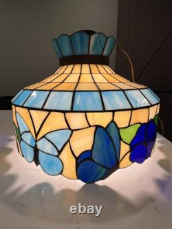 Vintage Tiffany Style Ceiling Lamp Blue Tan Green Butterfly Flower 18.25D 13H